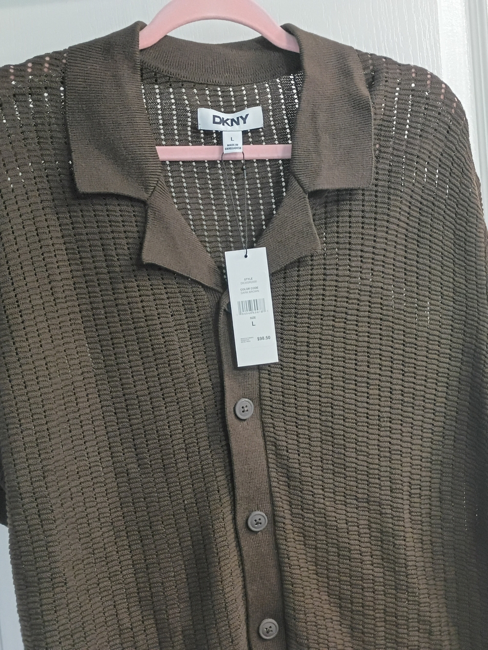 DKNY Brown Knit Button-Down Polo Shirt